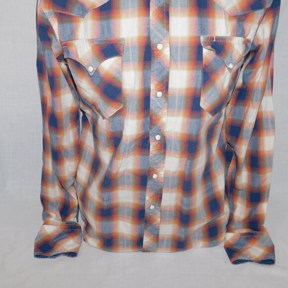 Roper Mens M Blue Cream Orange Plaid Snap Front Western Rodeo Shirt - Picture 3 of 12